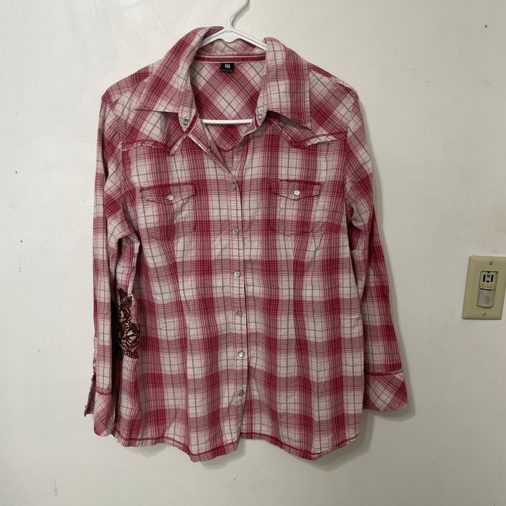 Red Plaid Western Pearl Snap Shirt Rose Embroidery Plus Size‎ 2X Cotton